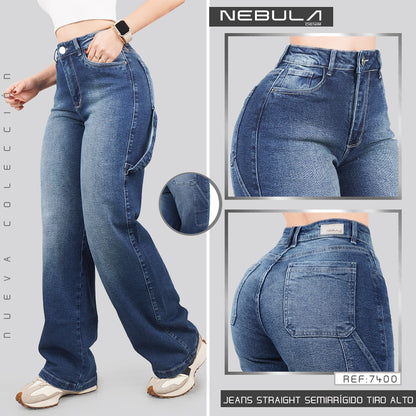 Jeans Straight Semirrígido Tiro Alto 7400
