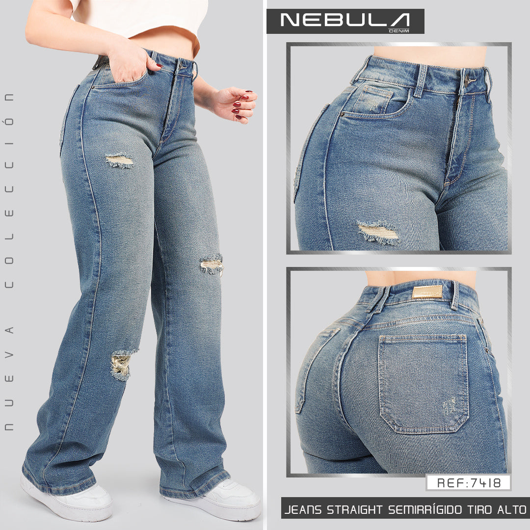 Jeans Straight Semirrígido Tiro Alto 7418