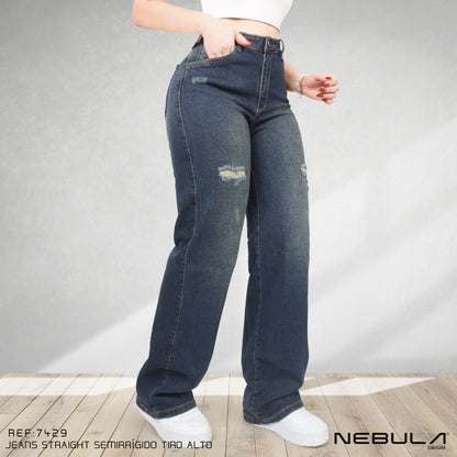 Jeans Straight Semirrígido Tiro Alto 7429