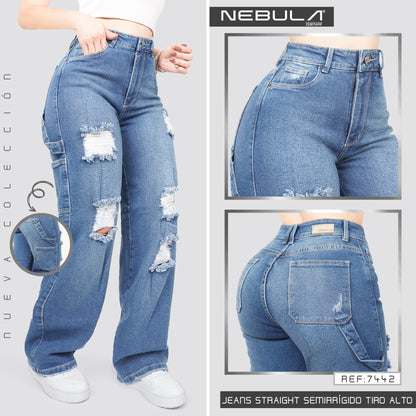 Jeans Straight Semirrígido Tiro Alto 7442