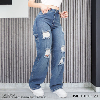 Jeans Straight Semirrígido Tiro Alto 7442