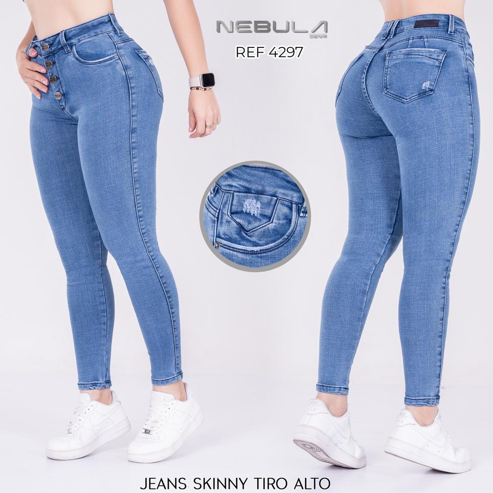 Jeans Para Mujer Skinny Tiro Alto Azul Claro Jaspeado 1604